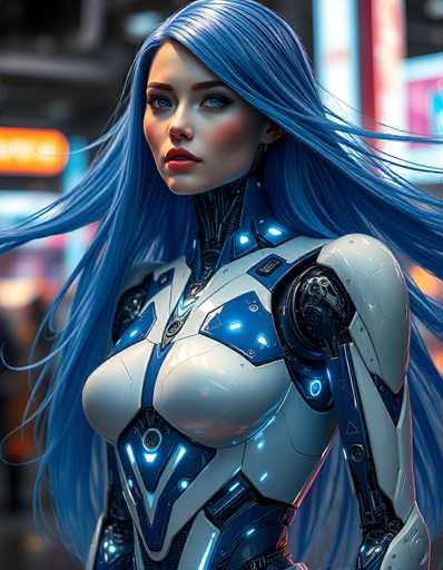 A strikingly beautiful, blue-haired cyborg woman dominates the frame, her body a blend of sleek white and dark metallic components with glowing blue accents. She gazes intently, her long hair flowing dynamically around her. The background is blurred with vibrant neon lights, suggesting a futuristic cityscape. The art style is highly detailed and digital, emphasizing a blend of human and artificial elements.