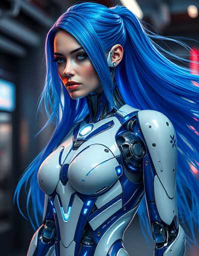 A strikingly beautiful, blue-haired cyborg woman dominates the frame, her body a blend of polished white and vibrant blue mechanical parts. She gazes intently, her long hair flowing dynamically around her. The art style is highly detailed and futuristic, emphasizing a blend of human and artificial elements in a close-up portrait.