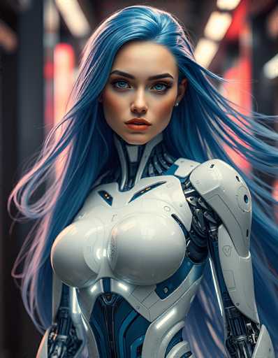 A stunning, photorealistic digital artwork depicts a futuristic cyborg woman with vibrant blue hair flowing dynamically. She's clad in a sleek, white and blue robotic suit, her face displaying intense, captivating eyes. The spatial relationship is close-up, focusing on the cyborg's face and upper body against a blurred, neon-lit background. The art style is highly detailed and modern, emphasizing intricate mechanical design.
