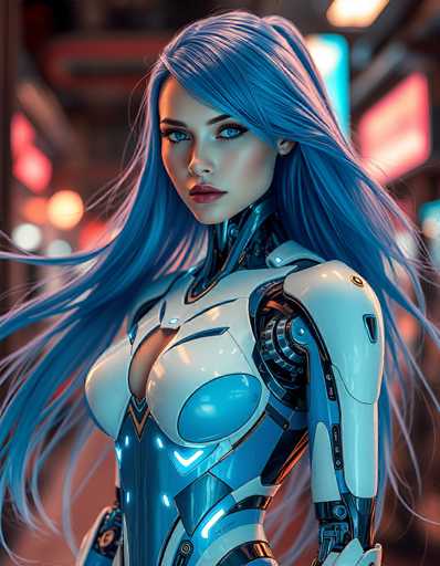 A stunning, hyperrealistic digital painting of a futuristic cyborg woman with long, flowing blue hair. She's wearing a sleek, white and blue cybernetic suit that highlights intricate mechanical details. Her eyes are piercing blue, and her expression is captivating with a hint of mystery. The background is blurred, suggesting a vibrant, neon-lit cityscape, possibly with glowing signs and reflections. The overall style is highly detailed and futuristic, emphasizing the blend of organic and mechanical elements in her design.
