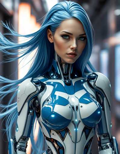 A woman with blue hair and a futuristic body suit stands against a blurred background of a building or tunnel.