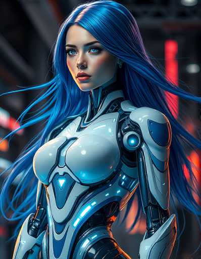 A stunning, highly detailed digital painting of a futuristic cyborg woman. She has long, flowing blue hair with subtle highlights, styled in a way that suggests movement or wind. Her skin is fair, and her eyes are a striking light blue with dark pupils. She's wearing a sleek, white and blue cybernetic suit that appears to be made of polished metal. The design incorporates glowing blue accents, particularly around the shoulders and chest, giving it a futuristic and technological feel. Her expression is serene yet intense, with her gaze directed slightly to the left. The background is a blurred, dark industrial setting with hints of red lights and metallic structures, emphasizing the futuristic environment. The overall lighting is dramatic, highlighting her features and the details of her cybernetic design. The style is reminiscent of a high-quality digital art piece, with a focus on intricate details and a sense of advanced technology.