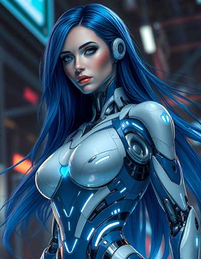 A stunning, highly detailed digital artwork depicts a futuristic cyborg woman with flowing blue hair and glowing blue cybernetic enhancements. She's positioned in a dynamic, close-up portrait, her gaze direct and captivating. The art style is photorealistic with a focus on intricate mechanical details and vibrant, cool-toned lighting.