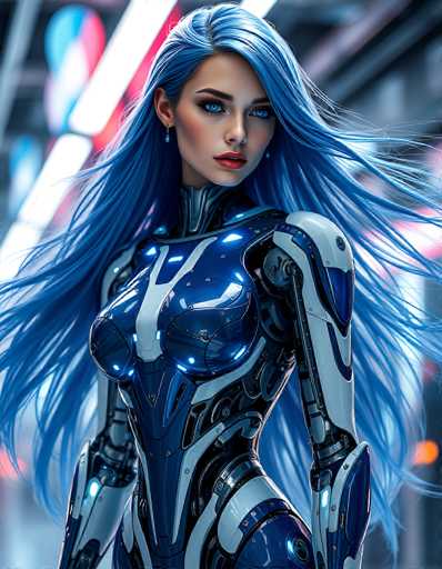 A stunning, futuristic cyborg woman with vibrant blue hair and glowing blue eyes dominates the frame. She's clad in a sleek, metallic bodysuit with dynamic lighting accents, her long hair flowing dramatically. The background is blurred, suggesting a neon-lit urban environment, emphasizing the cyborg's central presence. The art style is highly detailed and digital, with a focus on intricate mechanical design and vibrant color.