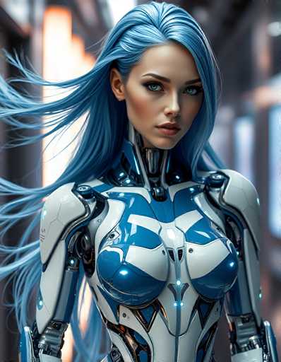 A stunning, hyperrealistic portrait of a futuristic cyborg woman with vibrant blue hair flowing dramatically. She's wearing a sleek, white and blue cybernetic suit that covers her torso and arms, with intricate metallic details. Her eyes are a striking emerald green, and she has a serious yet captivating expression. The background is blurred, suggesting a futuristic cityscape with warm orange and blue lighting, emphasizing the focus on the cyborg's face. The overall style is highly detailed and digitally rendered, showcasing a blend of human and mechanical elements.