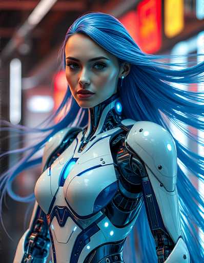 A strikingly beautiful, futuristic cyborg woman with vibrant blue hair and glowing blue accents dominates the frame. She's positioned in a dynamic, close-up shot, her gaze direct and captivating. The art style is highly detailed and digital, emphasizing a blend of human and mechanical elements with a sleek, cyberpunk aesthetic.