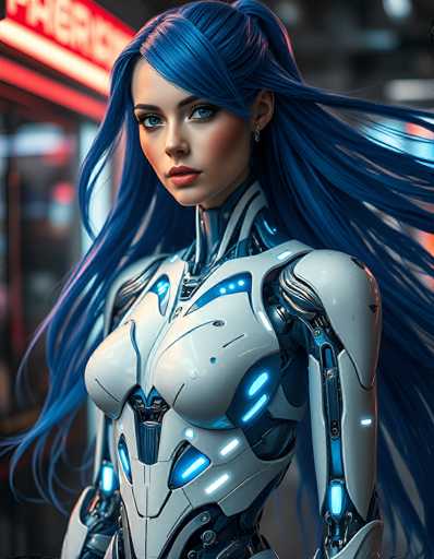 A stunning, hyperrealistic digital painting of a futuristic cyborg woman. She has long, flowing blue hair that cascades around her shoulders and body, with a few strands catching the light. Her skin is porcelain-like, and her eyes are a striking shade of blue with subtle highlights that give them an almost glowing quality. She's wearing a sleek, white and silver cyborg suit with intricate details of glowing blue circuitry integrated into the design. The suit appears to be a blend of organic and mechanical elements, with smooth curves and sharp angles. Her expression is serene yet intense, her gaze directed slightly off-center. The background is blurred, suggesting a neon-lit cityscape with vibrant red and blue lights, creating a futuristic and slightly cyberpunk atmosphere. The overall lighting is soft yet dramatic, highlighting the contours of her body and the intricate details of the cyborg suit. The image has a high level of detail, showcasing the texture of her skin and the metallic surfaces of the suit.