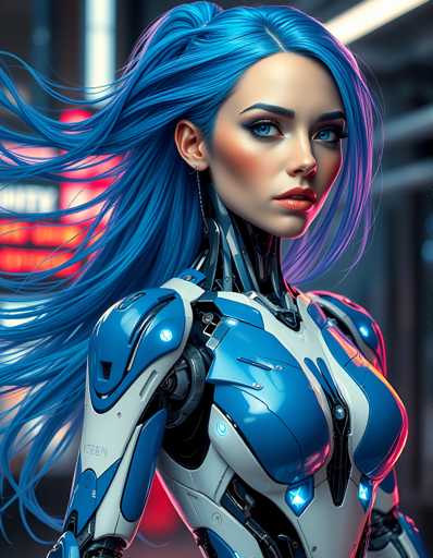 The image shows a close-up portrait of a woman with blue hair and a futuristic body suit. The woman is the central figure, positioned against a dark background that contrasts with her vibrant appearance. Her hair is styled in an intricate updo, adding to the overall futuristic aesthetic of the image.
