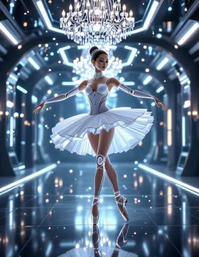 A graceful ballerina in a futuristic white tutu and silver accents performs in a glowing, neon-lit hallway. The spatial relationship places her as the central focus, bathed in soft light, with a grand, ornate chandelier overhead. The art style is a blend of digital illustration and futuristic design, emphasizing sleek lines and vibrant illumination.