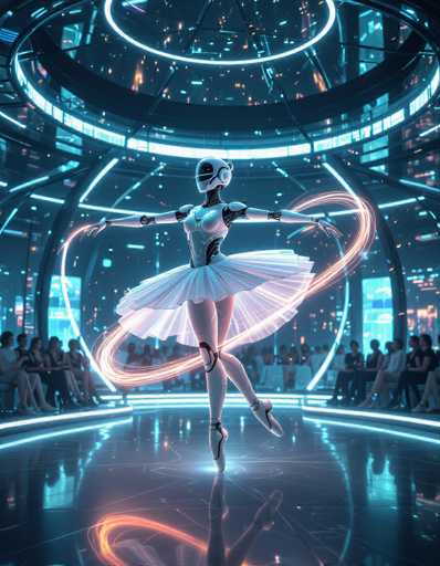 A futuristic, humanoid robot ballerina gracefully performs in a glowing, circular performance hall. The scene is bathed in neon lights and holographic energy trails, with a seated audience observing from the periphery. The art style is highly stylized, emphasizing sleek lines and vibrant digital aesthetics.
