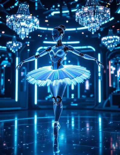 A sleek, glowing blue robot ballerina gracefully performs in a futuristic ballroom bathed in neon lights. The image showcases a central, detailed figure with a vibrant tutu, set against a backdrop of glowing architectural elements and mirrored floors. The art style is distinctly digital and futuristic, emphasizing smooth lines and vibrant lighting.