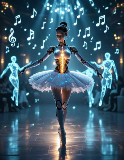A futuristic, glowing cyborg ballerina performs in a dimly lit concert hall, bathed in neon musical notes. The central figure is the focal point, with other translucent figures mirroring her graceful movements in the background. The art style blends digital illustration with a vibrant, ethereal aesthetic, emphasizing light and motion.