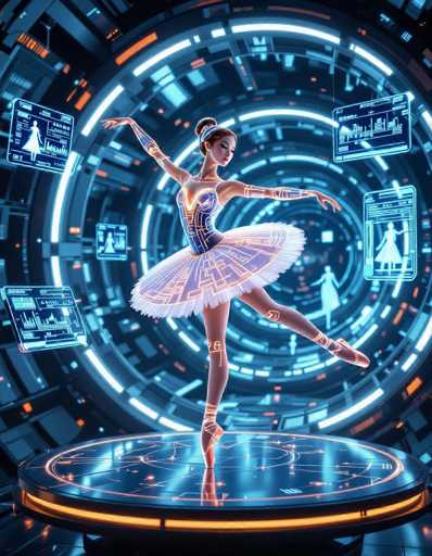 A graceful robotic ballerina, with glowing circuitry and porcelain limbs, performs en pointe on a floating platform within a futuristic space station. The scene is bathed in atmospheric glow, surrounded by holographic ballet scores and audience projections, rendered in a high-concept sci-fi style with painterly textures.