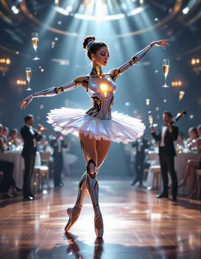 A stunning biomechanical ballerina, with gleaming liquid-metal limbs and a glowing core reactor, executes a dramatic pirouette in a zero-G ballroom. Floating champagne flutes and hovering AI music conductors create a fantastical, ultra-detailed sci-fi scene with cinematic lighting and sharp metallic reflections.