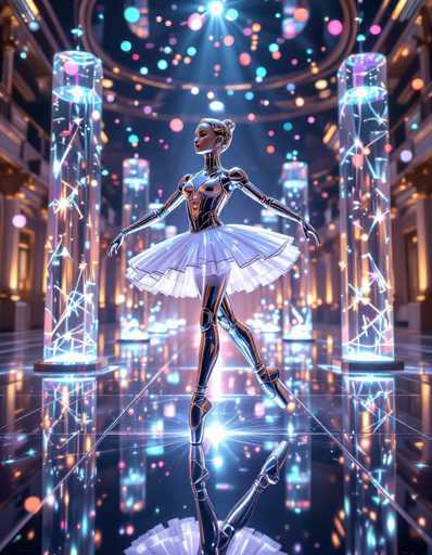 A silver chrome ballerina robot gracefully glides across a reflective, gravity-defying ballroom floor. Surrounded by floating AI ballet score projectors and translucent glass sculptures, the scene is bathed in dramatic backlighting and iridescent particle effects. The high-fantasy sci-fi art style emphasizes a futuristic, ethereal performance.