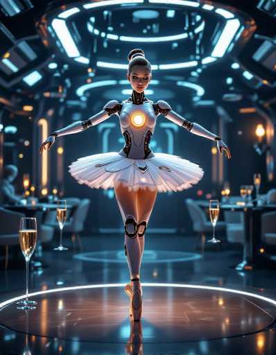 A graceful, chrome ballerina robot performs a fouetté turn in a futuristic ballroom. The polished space station setting features floating champagne flutes and ambient laser-music visualizers, illuminated by dramatic chiaroscuro lighting. The robot's hydraulic leg extensions and glowing core reactor highlight a blend of advanced technology and elegant performance.