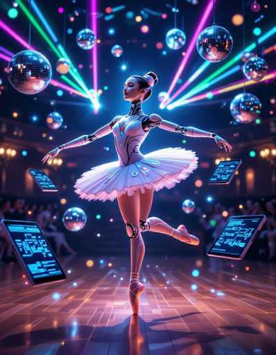 A hyperrealistic sci-fi illustration depicts a graceful ballerina robot performing a grand allegro in a vibrant, gravity-defying ballroom. The robot, with flexible polymer limbs and glowing neural pathways, is surrounded by floating digital ballet score tablets and disco balls emitting colored laser beams. The scene showcases dynamic motion with volumetric lighting, creating a futuristic dance performance.