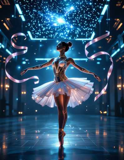A graceful ballerina in a futuristic, glowing white tutu stands poised on a reflective floor amidst a dazzling, star-filled space. She's adorned with a metallic bodice and flowing ribbons, bathed in cool blue and warm gold lighting. The art style is digital fantasy, emphasizing a dreamlike, ethereal atmosphere.