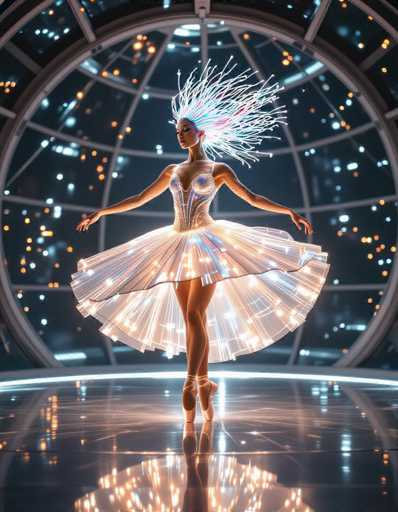 A futuristic ballerina in a glowing, iridescent tutu performs on a reflective stage within a circular, illuminated structure. The image showcases a blend of fantasy and technological art style with vibrant neon lights and dynamic, flowing lines. The ballerina's pose emphasizes grace and ethereal movement.