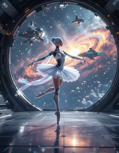 A graceful humanoid robotic ballerina, with crystalline limbs and flowing energy ribbons, performs en pointe in a zero-gravity dance within a vast orbital station. The scene is framed by panoramic windows showcasing swirling nebulae and distant starships, rendered in ultra-detailed sci-fi concept art with painterly brushwork and a cinematic depth of field.