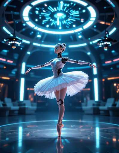 A graceful, biomechanical ballerina robot performs a grand jeté in a futuristic ballroom. The scene is bathed in pulsating bioluminescent light, with hovering drones casting spotlights. The hyperrealistic sci-fi illustration showcases dynamic motion blur and volumetric glow, emphasizing the robot's elegant movement within the sleek, domed space.
