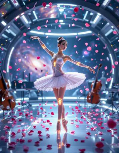A graceful ballerina in a futuristic, glowing white tutu stands center stage amidst falling pink petals. She's bathed in vibrant neon light, with glowing accents on her body and pointe shoes. Two cellos flank the background, suggesting a performance setting. The art style is a blend of digital fantasy and modern design, emphasizing ethereal beauty and technological elegance.