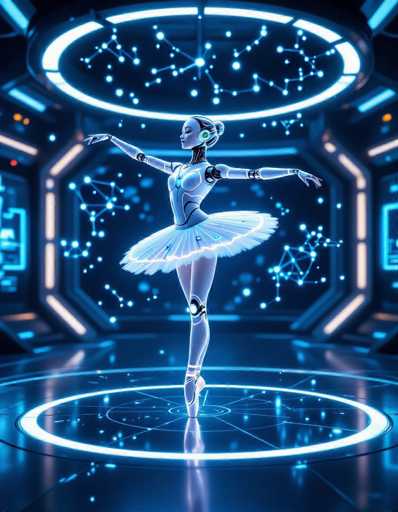 A graceful, metallic ballerina robot performs a pirouette on a glowing circular dance floor within a futuristic space station. Floating holographic constellations and neon-blue ambient lighting create a cinematic sci-fi atmosphere, emphasizing the robot's sleek design and dynamic movement with soft volumetric shadows.
