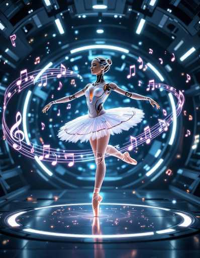 A graceful, translucent robot ballerina dances en pointe on a glowing platform within a futuristic space station. Swirling musical notes and ethereal AI conductors create a dynamic, high-concept sci-fi scene with painterly textures and cinematic depth. The image showcases a blend of technology and artistry, emphasizing the robot's elegant movement in a vibrant, otherworldly setting.