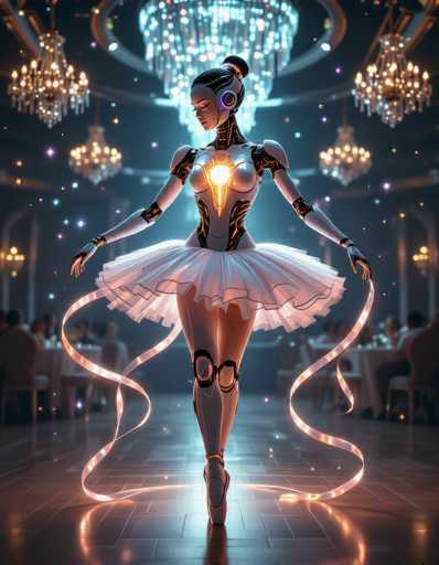 A graceful, futuristic humanoid robot dancer in a white tutu performs in a lavish ballroom. The scene is bathed in soft, warm lighting from ornate chandeliers and glowing energy trails emanating from the robot's body. The spatial relationship places the dancer as the central focus, with blurred figures of onlookers in the background emphasizing her solitary performance. The art style is a blend of digital illustration and science fiction, showcasing a polished, ethereal aesthetic.