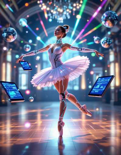 A hyperrealistic sci-fi illustration depicts a biomechanical ballerina in a gravity-defying ballroom. She performs a grand allegro, supported by flexible polymer limbs with glowing neural pathways. Floating digital ballet score tablets and disco balls emit colored laser beams, creating a dynamic, volumetric lighting scene.