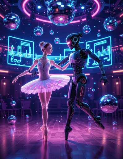 In a vibrant cyberpunk ballroom, a graceful ballerina robot dances with a floating drone partner. Neon lights illuminate the scene, highlighting translucent mechanical joints and glowing circuitry. Floating disco balls and holographic music scores create a dynamic, gravity-defying atmosphere in this futuristic digital art.