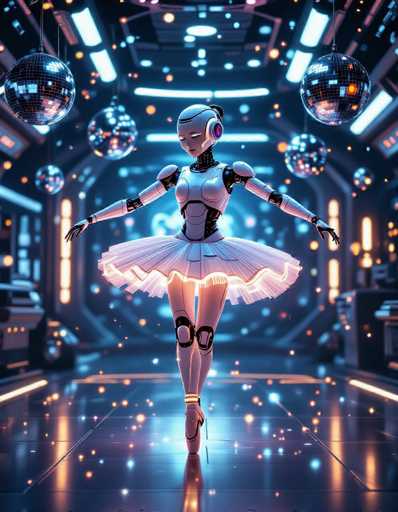 A graceful, chrome-clad robot ballerina performs a ballet in a futuristic, neon-lit dance hall. Disco balls hang overhead, casting shimmering reflections on the glossy floor. The scene is bathed in vibrant blues and oranges, emphasizing a sleek, digital aesthetic with a focus on dynamic movement.