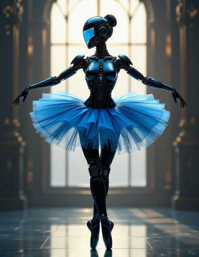A futuristic ballerina, a blend of dark mechanical components in black, silver, and deep blue, stands poised en pointe. Her translucent blue tutu flows dramatically, revealing internal circuitry within her helmeted head. The high-contrast chiaroscuro style highlights the mechanical grace and evokes a sense of both precision and emotion.