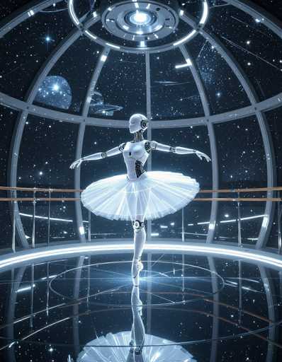 A sleek, white robot ballerina gracefully performs in a futuristic, dome-shaped space with a starry backdrop. The polished floor reflects the robot and its tutu, creating a mirrored effect. The art style is clean, digital, and emphasizes the robot's elegant form within a technologically advanced setting.