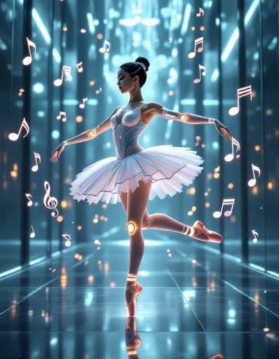 A graceful, futuristic ballerina in a white tutu performs a ballet pose amidst glowing musical notes and neon lights. The image features a digital art style with a focus on vibrant, reflective surfaces and dynamic lighting, emphasizing the dancer's elegant form within a modern, technological space.