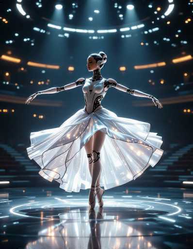 A futuristic, graceful dancer in a shimmering white and silver gown performs on a glowing stage. The image showcases a blend of human and robotic elements, with the dancer's pose emphasizing elegance and poise. The art style is digital and highly detailed, utilizing soft lighting to highlight the dancer's form and the dynamic movement of the skirt.