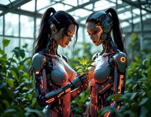 Two strikingly beautiful, humanoid cyborgs with glowing neon accents gently cradle a small green plant in a lush, futuristic greenhouse. The image features a soft, dreamlike art style with a focus on intricate mechanical details and a serene, intimate connection between the figures.