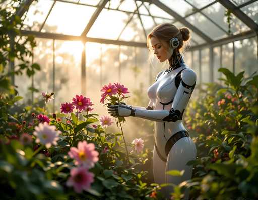 A serene, futuristic scene unfolds in a sun-drenched greenhouse. A sleek, white humanoid robot gently examines vibrant pink flowers, its head tilted in a delicate gesture of care. The soft sunlight filters through the glass, creating a warm, ethereal atmosphere. The art style is a blend of realism and science fiction, emphasizing a peaceful interaction between technology and nature.