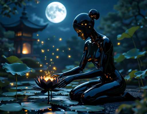 A serene, dark-skinned figure kneels beside a glowing lotus flower in a tranquil pond under a full moon. The art style is digital painting, emphasizing smooth, reflective surfaces and soft lighting with glowing particles emanating from the lotus. The scene evokes a peaceful, almost mystical atmosphere.