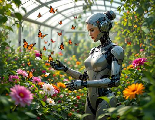 A highly detailed, photorealistic image of a humanoid robot gently holding a cluster of vibrant orange and pink flowers in a lush, sunlit greenhouse. The robot is silver with intricate details, wearing delicate, translucent gloves and a sleek head with glowing blue accents. Several orange butterflies are flitting around the flowers, while more butterflies are visible in the background, creating a sense of depth and movement. The greenhouse is filled with various flowers in shades of pink, orange, and white, bathed in soft sunlight filtering through the glass roof. The overall atmosphere is one of tranquility, beauty, and a harmonious blend of nature and technology.