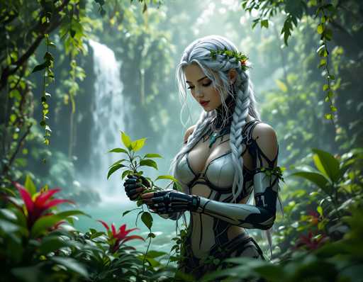 A serene, ethereal woman with long white braided hair and a floral crown gently holds a vibrant green plant in her hands. She's clad in a futuristic, organic-looking suit amidst lush, glowing foliage and a misty waterfall. The art style is a blend of fantasy and science fiction, with soft lighting and a focus on natural textures.