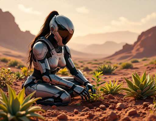 A woman dressed as a robot is kneeling on a desert plain and tending to a small plant with her hands. The background features a vast desert landscape under a clear blue sky.