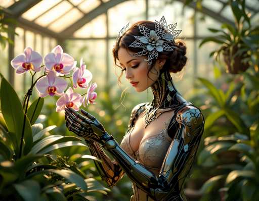 A woman with long brown hair and a silver bodysuit is holding a pink orchid flower in her right hand while standing in front of a greenhouse filled with green plants.