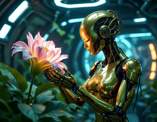 A gleaming golden android delicately holds a vibrant pink flower, its metallic fingers gently cradling the petals. The scene is set within a futuristic, softly lit environment with glowing blue accents and lush green foliage, emphasizing a serene, almost ethereal atmosphere. The art style is a blend of science fiction and digital art, showcasing intricate detail and a focus on light and texture.
