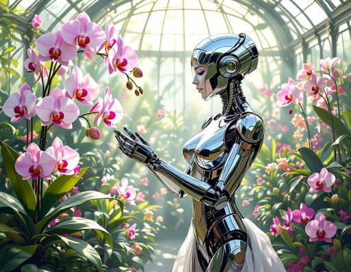 A sleek, silver android gently cradles a vibrant pink orchid in a lush, sunlit greenhouse. The scene is bathed in soft light filtering through the glass ceiling, with a blurred background of more flowers creating a dreamlike, serene atmosphere. The art style is photorealistic with a touch of fantasy, emphasizing the delicate interaction between the robot and the organic beauty.
