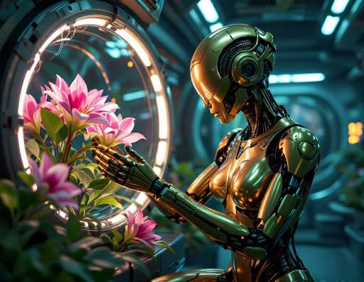A sleek, golden humanoid robot gently cradles vibrant pink flowers within a futuristic, glowing environment. The image showcases a blend of organic and technological elements, with the robot's polished form contrasting against the delicate blossoms. The art style is a blend of science fiction and digital art, emphasizing intricate details and soft lighting.