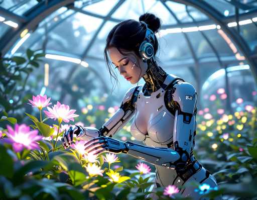 A detailed, high-quality digital painting of a futuristic humanoid robot tending to a vibrant garden of glowing pink flowers within a glass greenhouse. The robot is primarily white and silver, with intricate mechanical details visible on its arms and torso. It's wearing a dark headset with glowing blue accents, and its eyes are closed as it gently touches a flower. The background is softly blurred, showcasing more flowers in various shades of pink and yellow, along with the translucent glass panels of the greenhouse. The lighting is soft and ethereal, highlighting the robot's form and the delicate glow of the flowers. The overall mood is serene and futuristic, emphasizing a harmonious blend of technology and nature.