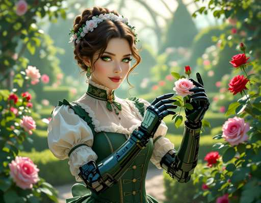 A woman with long brown hair and a green dress is holding a rose in her right hand while wearing a tiara on her head. The background features a garden filled with pink roses and green bushes.