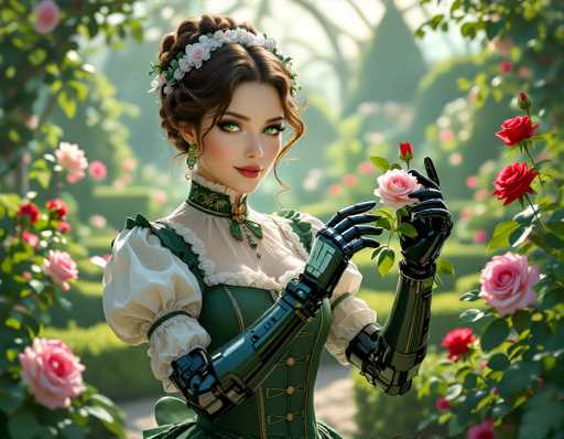 A woman in a vintage-inspired green and white dress, adorned with floral details and steampunk-style arm coverings, delicately holds a pink rose. She's surrounded by lush greenery and roses in a softly blurred garden setting, bathed in a dreamy, painterly light. The art style is highly detailed and fantastical, evoking a romantic, slightly ethereal atmosphere.