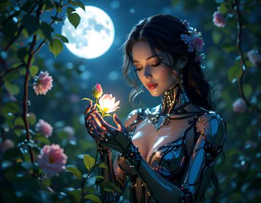 A beautiful, ethereal woman with long, flowing dark hair and delicate features is gently holding a glowing pink flower in her hands. She's wearing a futuristic, metallic bodysuit adorned with intricate details and glowing accents. The background is a dreamy, softly blurred garden at night, bathed in the soft glow of a full moon. The woman's expression is serene and focused as she examines the flower, creating a magical and intimate atmosphere. The overall color palette is cool blues and purples with warm pinks from the flower, enhancing the mystical feel.